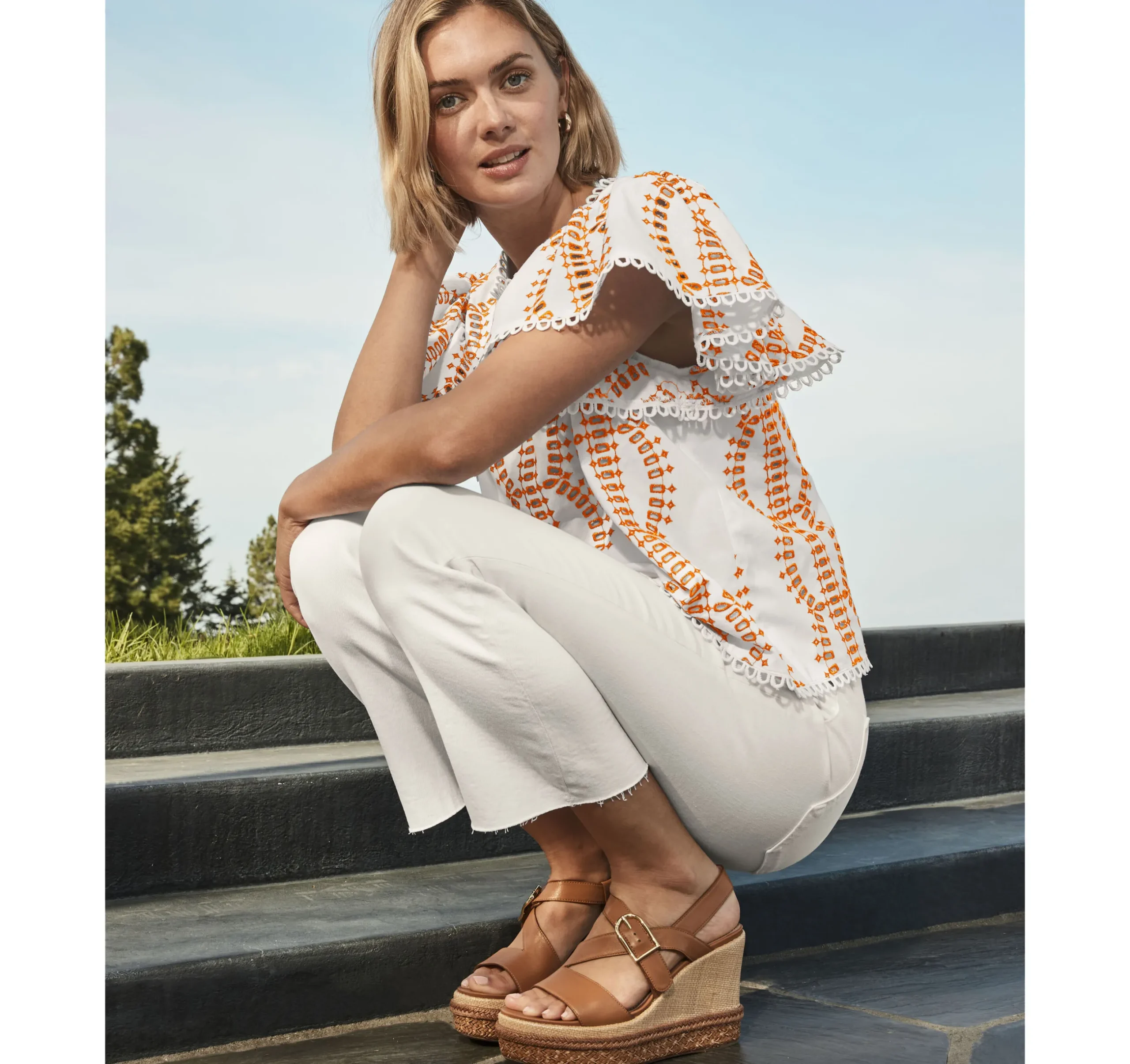 Game Day Eyelet Flutter Sleeve Top